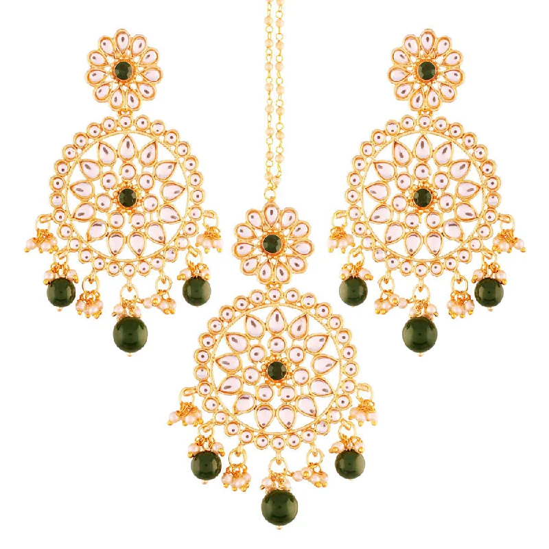 Short Drop Earrings for Subtle -Etnico 18K Gold Plated Traditional Kundan & Pearl Studded Chandbali Earrings With Maang Tikka Set (TE2462G)