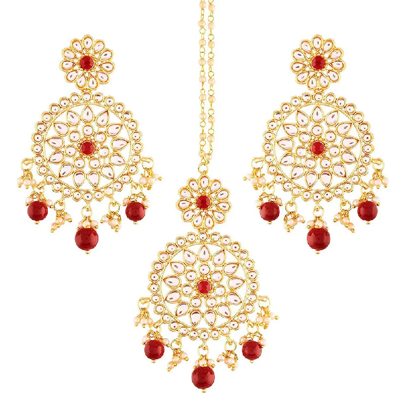 Long Drop Earrings for Dramatic -Etnico 18K Gold Plated Traditional Kundan & Pearl Studded Chandbali Earrings With Maang Tikka Set (TE2462M)