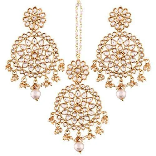 Round Drop Earrings for Classic -Etnico 18K Gold Plated Traditional Kundan & Pearl Studded Chandbali Earrings With Maang Tikka Set (TE2462W)