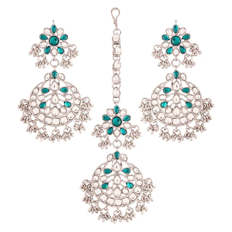 Drop Earrings with Knot Designs -Etnico 18K Rhodium Plated Traditional Handcrafted Earrings With Maang Tikka Encased with Faux Kundan & Pearl for Women/Girls (TE2872ZG)