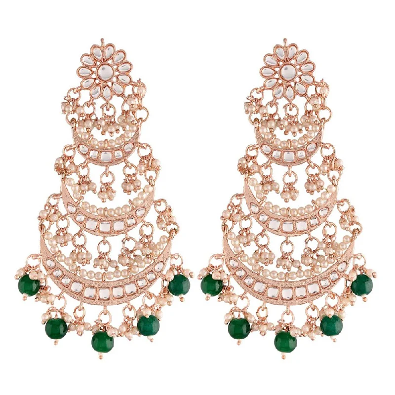 Hippie Drop Earrings with Beads -Etnico 18k Rose Gold Plated 3 Layered Beaded Chandbali Earrings with Kundan and Pearl Work for Women (E2859RGG)