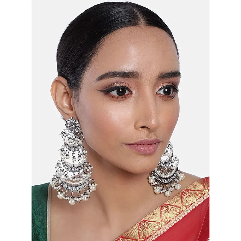 Indian Drop Earrings with Intricacy -Etnico 18k Silver Oxidised 3 Layered Chandbali Earrings with Kundan and Pearl Work for Women (E2859OX)