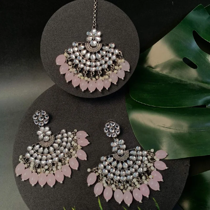 Drop Earrings with Hammered Finish -Etnico Ethnic Stylish Silver Oxidised Kundan Pearl Chandbali Earrings With Maang Tikka Set For Women And Girls (TE3106ZPi)