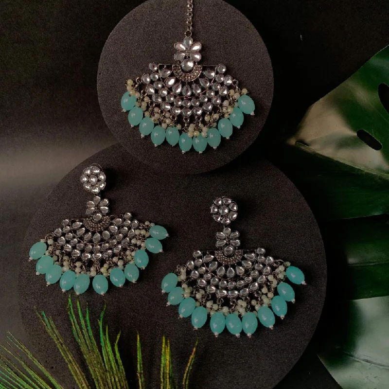 Drop Earrings with Etched Designs -Etnico Ethnic Stylish Silver Oxidised Kundan Pearl Chandbali Earrings With Maang Tikka Set For Women And Girls (TE3106ZSb)