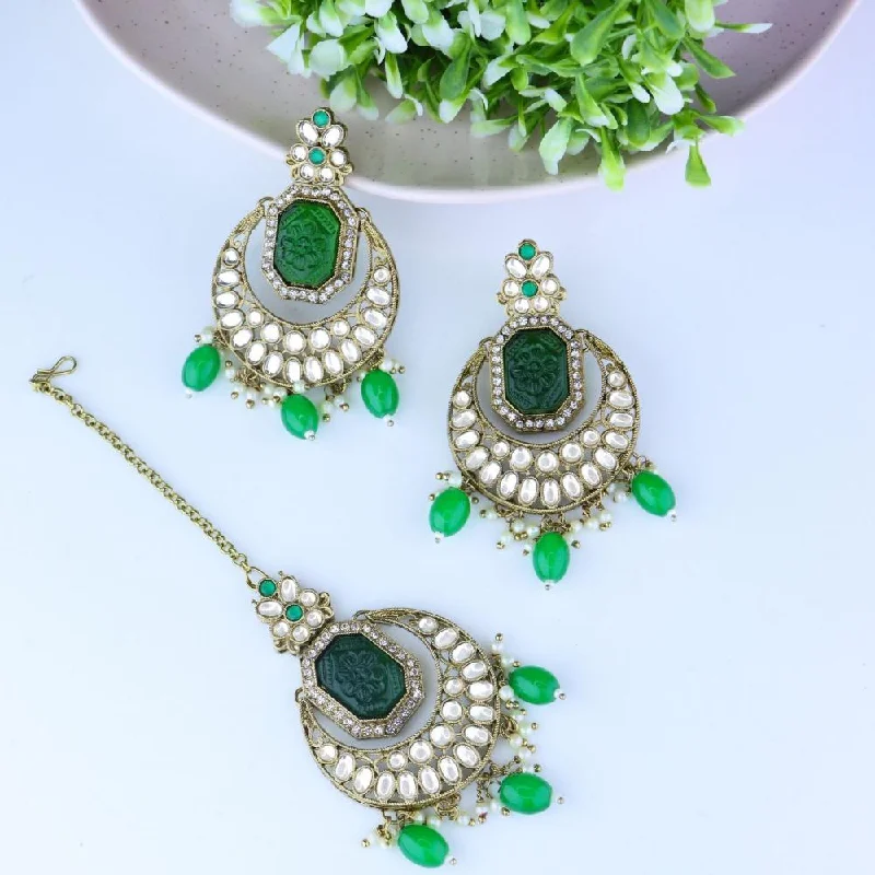 Drop Earrings for Mother's Day -Etnico Gold Plate Traditional Pearl Hanging Kundan Stone Chandbali Earring With Maang Tikka For Women/Girls (TE3026G)