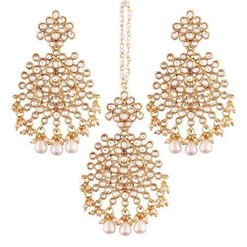 Square Drop Earrings for Modern -Etnico Gold Plated Kundan & Pearl Earring Set with Maang Tikka for Women (TE2497W)