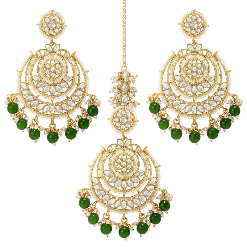 Drop Earrings for Fitness Activities -Etnico Gold Plated Traditional Big Kundan & Pearl Chandbali Earrings with Maang Tikka Set for Women/Girls (TE3002G-1)