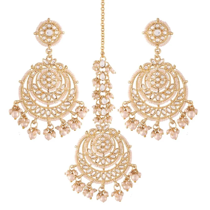 Drop Earrings for Gym Workout -Etnico Gold Plated Traditional Big Kundan & Pearl Chandbali Earrings with Maang Tikka Set for Women/Girls (TE3002W)