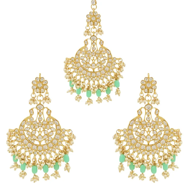 Drop Earrings for School Uniform -Etnico Gold Plated Traditional Big Kundan & Pearl Chandbali Earrings with Maang Tikka Set for Women/Girls (TE3013Min)