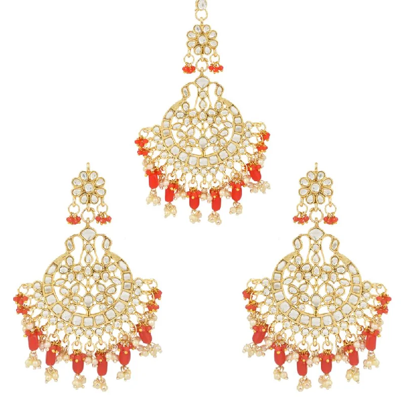 Drop Earrings for Work Attire -Etnico Gold Plated Traditional Big Kundan & Pearl Chandbali Earrings with Maang Tikka Set for Women/Girls (TE3013R)