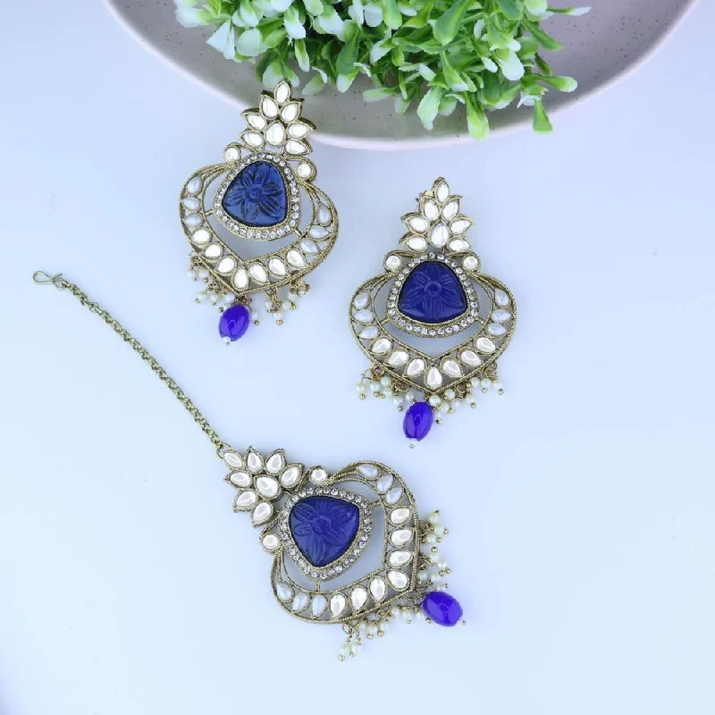 Drop Earrings with Embossed Patterns -Etnico Gold Plated Traditional Kundan Pearl Chandbali Earrings With Maang Tikka For Women/Girls (TE3031) (Blue)