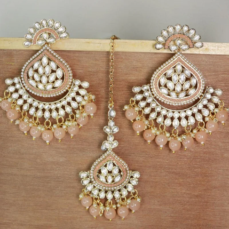 Drop Earrings for Concert Look -Etnico Gold Plated Traditional Kundan & Pearl Chandbali Earrings with Maang Tikka Set for Women/Girls (TE3015Pe)