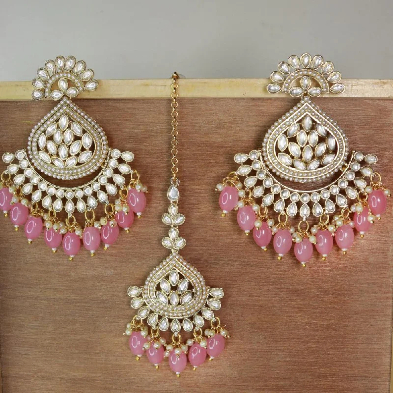 Drop Earrings for Festival Style -Etnico Gold Plated Traditional Kundan & Pearl Chandbali Earrings with Maang Tikka Set for Women/Girls (TE3016Pi)