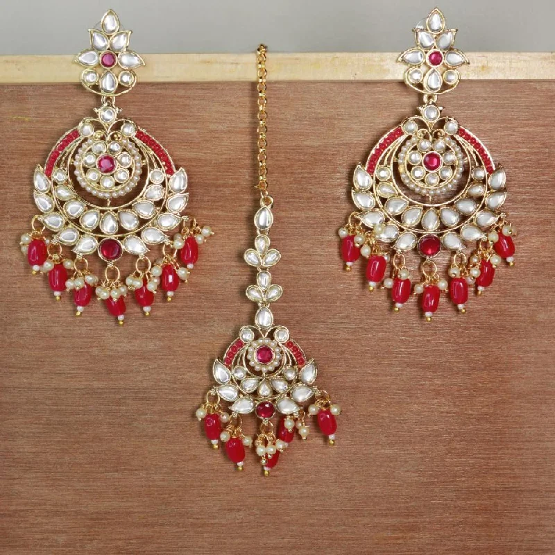 Drop Earrings for Office Wear -Etnico Gold Plated Traditional Kundan & Pearl Chandbali Earrings with Maang Tikka Set for Women/Girls (TE3019Q)