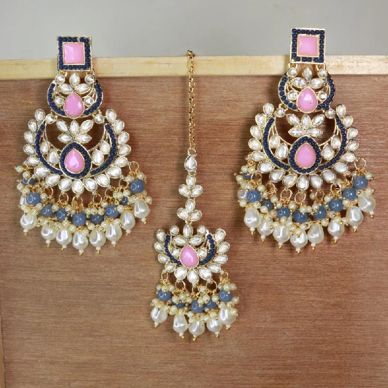 Drop Earrings for Party Look -Etnico Gold Plated Traditional Kundan & Pearl Chandbali Earrings with Maang Tikka Set for Women/Girls (TE3021Pemt)