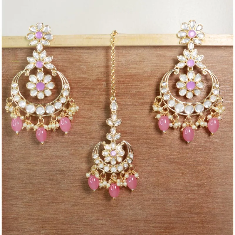 Drop Earrings for Birthday Celebration -Etnico Gold Plated Traditional Kundan & Pearl Chandbali Earrings with Maang Tikka Set for Women/Girls (TE3023Pi)