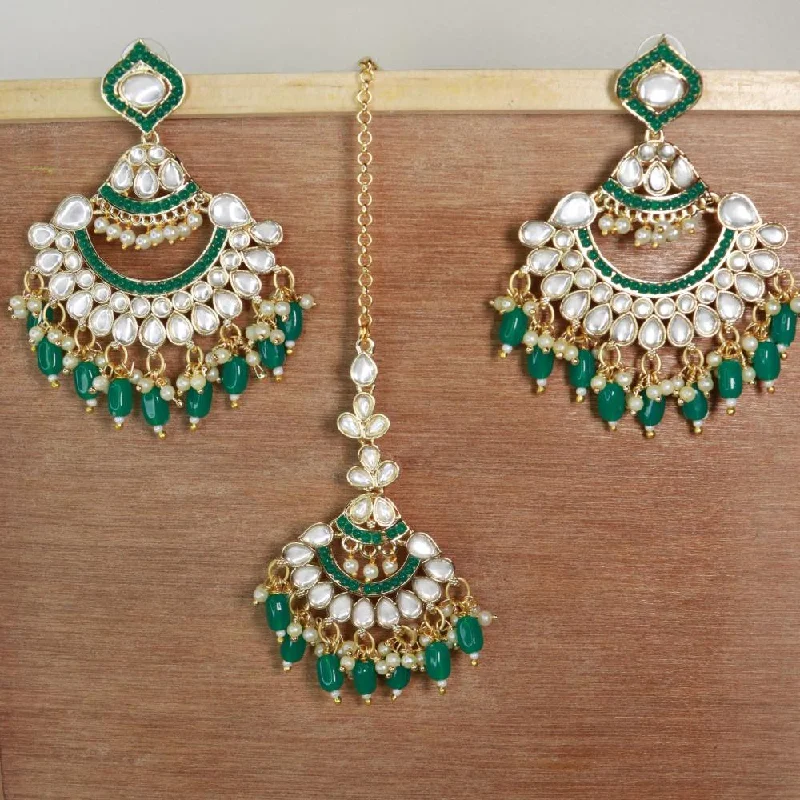 Drop Earrings for Anniversary -Etnico Gold Plated Traditional Kundan & Pearl Chandbali Earrings with Maang Tikka Set for Women/Girls (TE3024G)