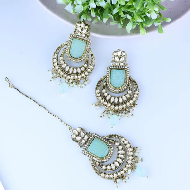 Drop Earrings with Debossed Designs -Etnico Gold Plated Traditional Kundan Pearl with Meena Work Chandbali Earrings with Maang Tikka Set for Women/Girls