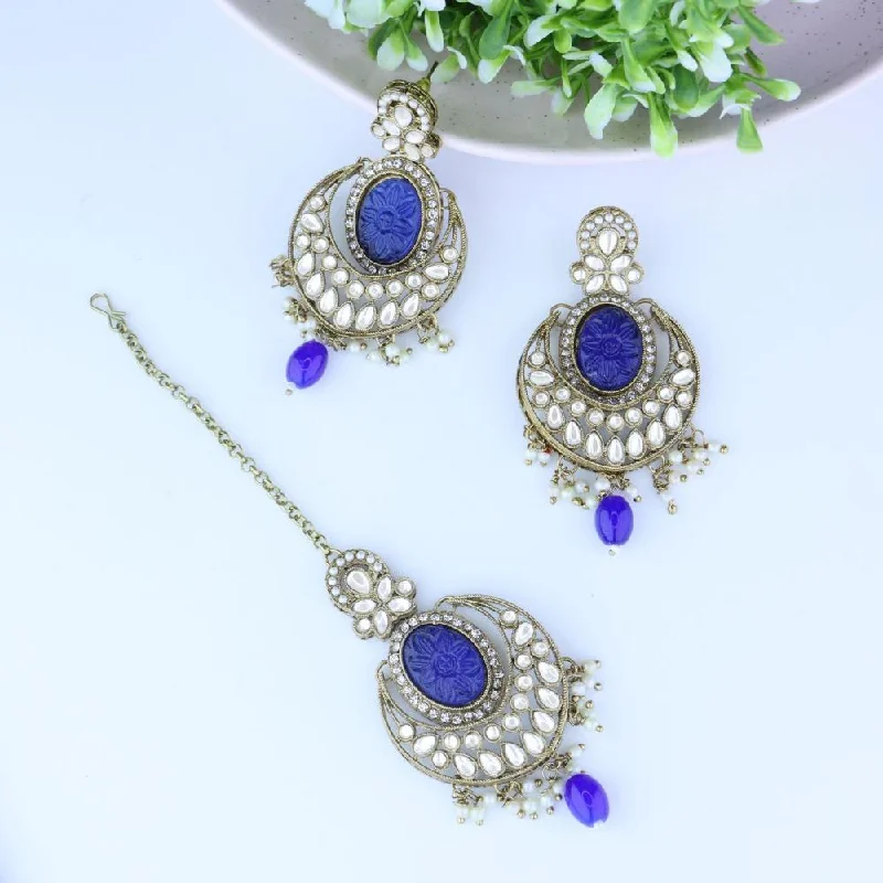 Drop Earrings for Christmas Party -Etnico Gold Plated Traditional Pearl Hanging Kundan Stone Chandbali Earring With Maang Tikka For Women/Girls (TE3027Bl)