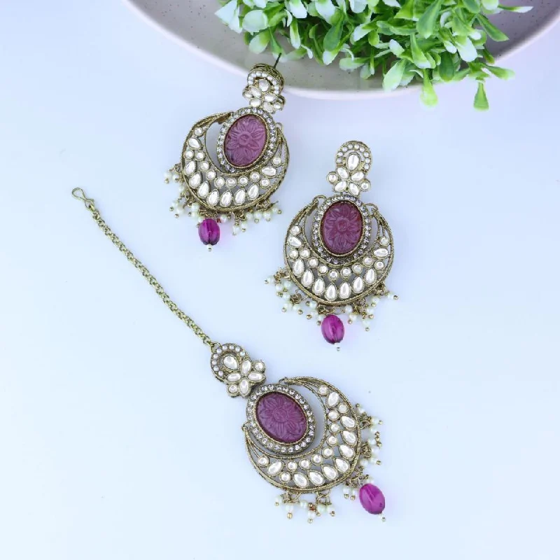 Drop Earrings for Graduation Day -Etnico Gold Plated Traditional Pearl Hanging Kundan Stone Chandbali Earring With Maang Tikka For Women/Girls (TE3027Pu)