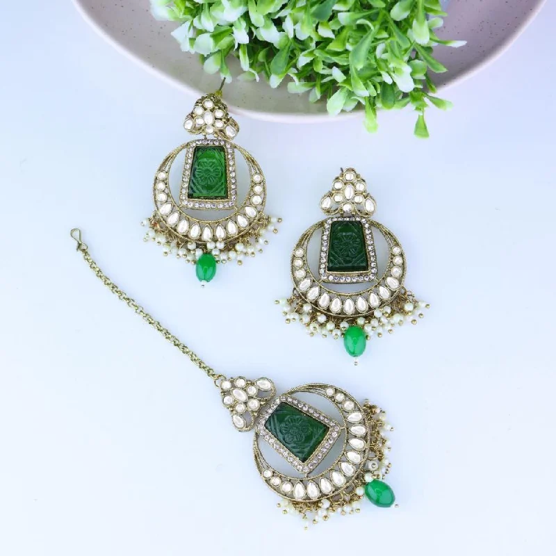 Drop Earrings for Prom Night -Etnico Gold Plated Traditional Pearl Hanging Kundan Stone Chandbali Earring With Maang Tikka For Women/Girls (TE3028G)