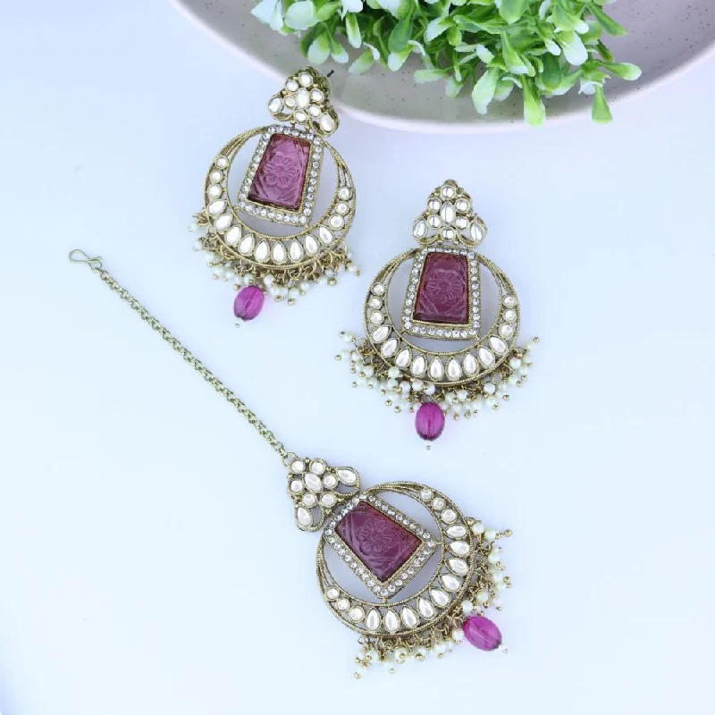 Drop Earrings for Bridesmaids Look -Etnico Gold Plated Traditional Pearl Hanging Kundan Stone Chandbali Earring With Maang Tikka For Women/Girls(TE3028Pu)