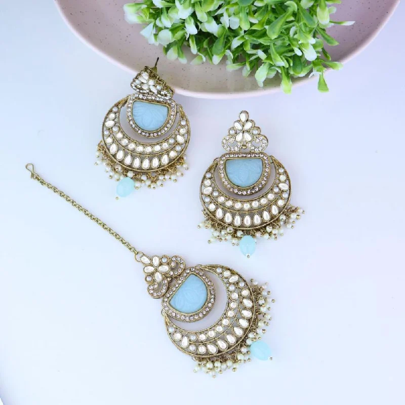 Drop Earrings for Wedding Ceremony -Etnico Gold Plated Traditional Pearl Hanging Kundan Stone Chandbali Earring With Maang Tikka For Women/Girls(TE3029) (Turquoise)