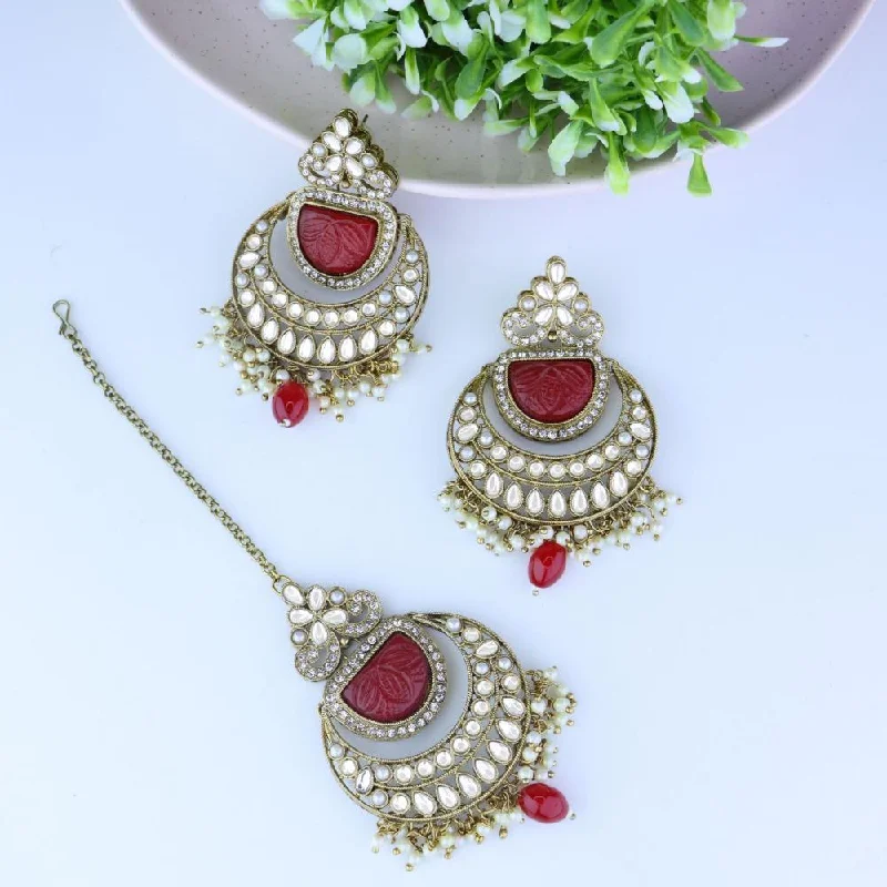 Drop Earrings for Engagement Party -Etnico Gold Plated Traditional Pearl Hanging Kundan Stone Chandbali Earring With Maang Tikka For Women/Girls(TE3029R)