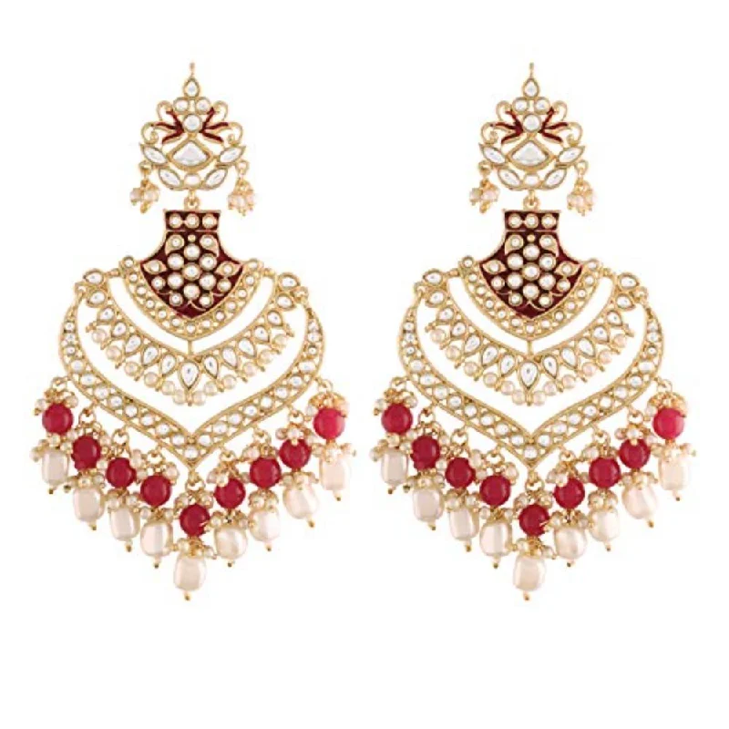 Studded Drop Earrings with Gemstones -Etnico Maroon 18K Gold Plated Alloy Ruby Enamel Glided with Kundans and Pearls Intricately Designed Traditional Long Earrings for Women (E2903M)