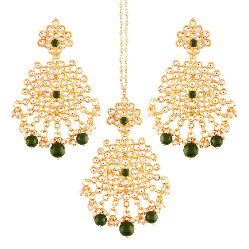 Large Drop Earrings for Statement -Etnico Traditional Gold Plated Stunning Antique Finish Kundan & Pearl Earring Set with Maang Tikka for Women (TE2497G)