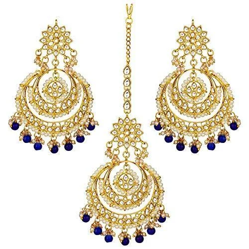 Star Shaped Drop Earrings for Charm -Etnico Traditional Gold Plated Wedding Chandbali Kundan & Pearl Earring Set With Maang Tikka for Women (TE7077BL)