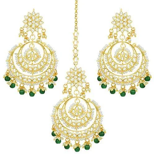 Oval Drop Earrings for Grace -Etnico Traditional Gold Plated Wedding Chandbali Kundan & Pearl Earring Set With Maang Tikka for Women (TE7077G)