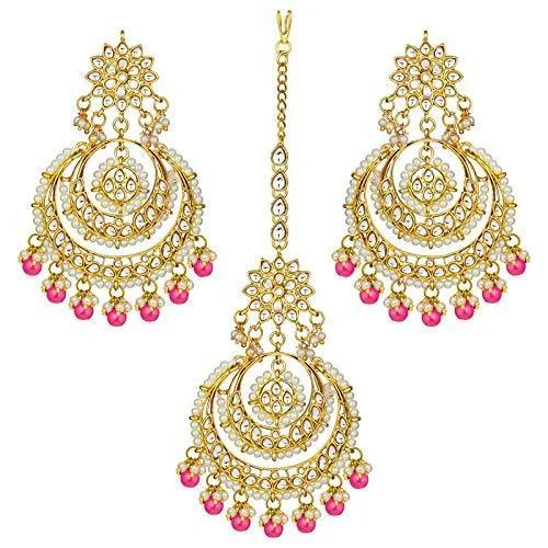 Triangular Drop Earrings for Edge -Etnico Traditional Gold Plated Wedding Chandbali Kundan & Pearl Earring Set With Maang Tikka for Women (TE7077Q)