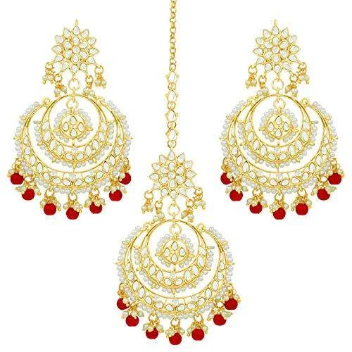 Geometric Drop Earrings for Trend -Etnico Traditional Gold Plated Wedding Chandbali Kundan & Pearl Earring Set With Maang Tikka for Women (TE7077R)