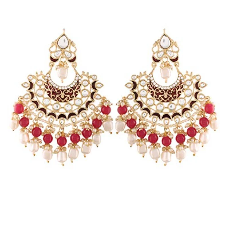 Drop Earrings with Polished Shine -Etnico Women's 18K Gold Plated Intricately Designed Alloy Red Enamel Glided with Kundans and Pearls Traditional Earrings (E2900M)