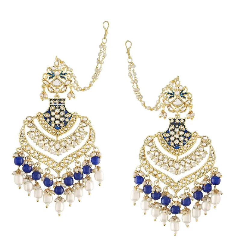 Crystal and Pearl Drop Earrings for Glamour -Etnico Women's 18K Gold Plated Intricately Designed Traditional Long Earrings Enamel Glided with Kundans & Pearls (E2903) Blue