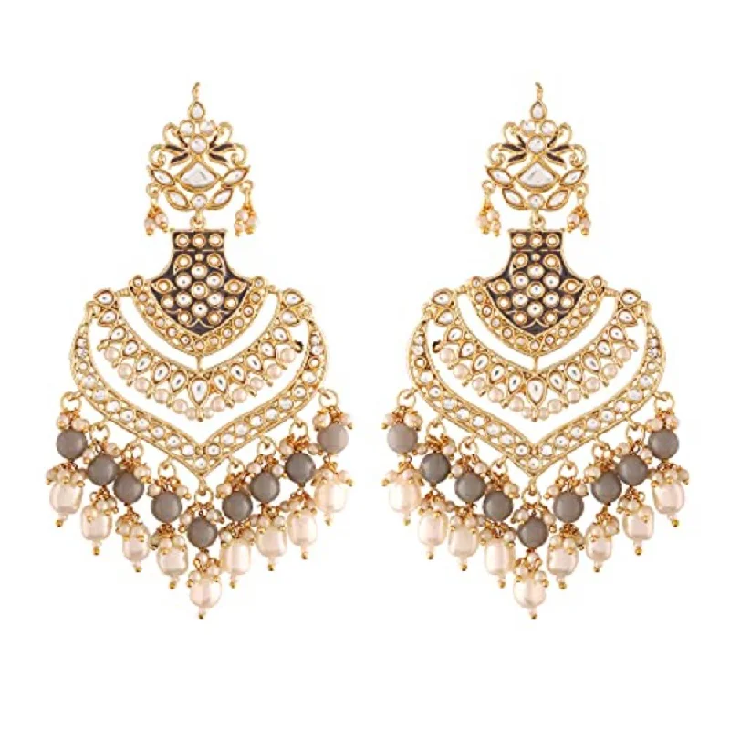 Beaded Drop Earrings for Party -Etnico Women's 18K Gold Plated Intricately Designed Traditional Long Earrings Enamel Glided with Kundans & Pearls (E2903) Grey