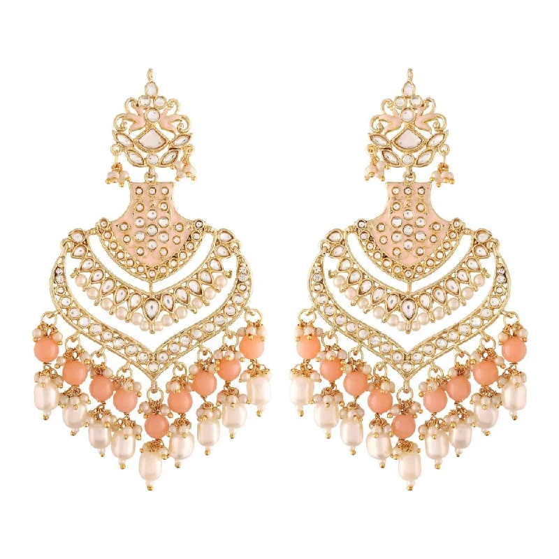 Clip On Drop Earrings for Non Pierced -Etnico Women's 18K Gold Plated Intricately Designed Traditional Long Earrings Enamel Glided with Kundans & Pearls (E2903) Peach