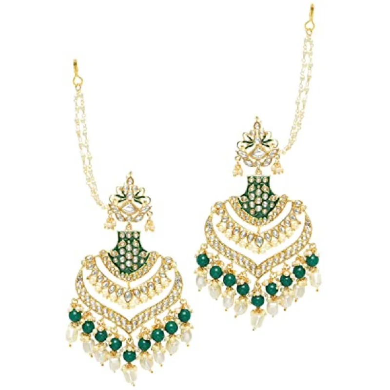 Rhinestone Drop Earrings for Sparkle -Etnico Women's 18K Gold Plated Intricately Designed Traditional Long Earrings Green Enamel Glided with Kundans & Pearls (E2903G)