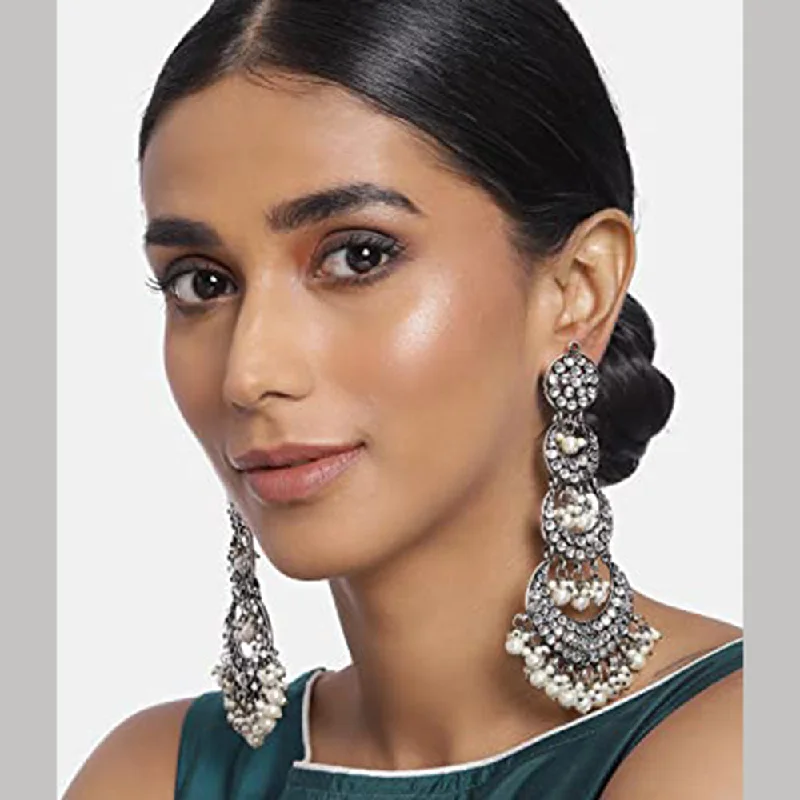 Lightweight Drop Earrings for All Day -Etnico Women's 18k Silver Oxidized Intricately Designed Traditional Earrings with Hair Chain Encased with Kundans and Pearls (E2909OX)