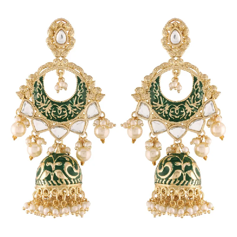 Drop Earrings for Birthday Celebration -Etnico18K Gold Plated Intricately Designed Traditional Green Enamel Glided With Kundans & Pearls Jumki Earrings For Women (E2905G)