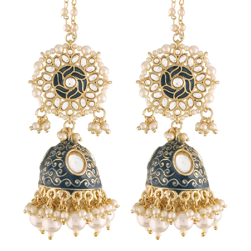 Drop Earrings for Anniversary -Etnico18K Gold Plated Intricately Designed Traditional with Detachable Hair Chain Encased With Kundans & Pearls Jhumki Earrings For Women (E2906Bl)