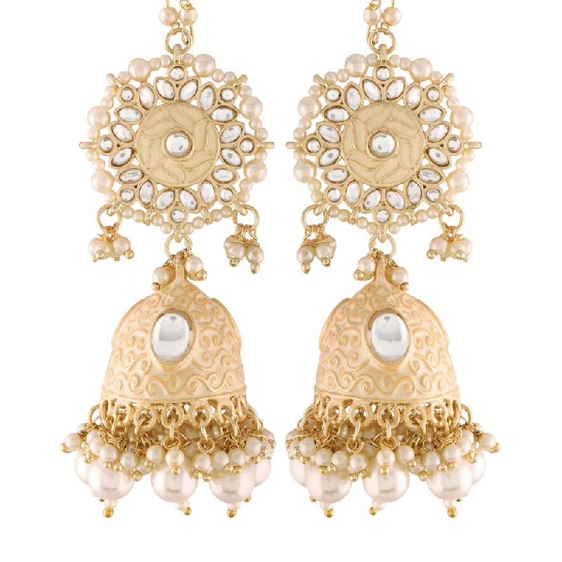 Drop Earrings for Mother's Day -Etnico18K Gold Plated Intricately Designed Traditional with Detachable Hair Chain Encased With Kundans & Pearls Jumka Earrings For Women (E2906W)