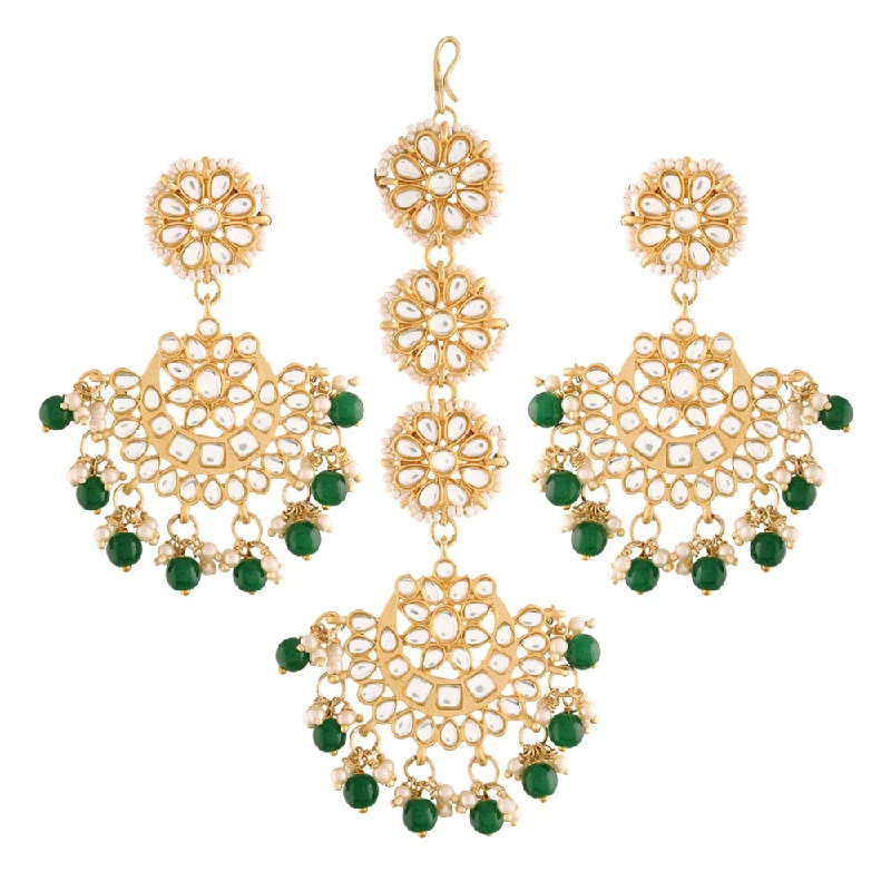 Drop Earrings for Graduation Day -Etnico18K Gold Plated with Stunning Matte Finish Traditional Kundan & Faux Pearl Chandbali Earrings with Maang Tikka Set (TE2911G)