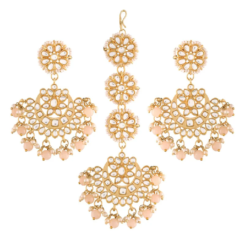 Drop Earrings for Bridesmaids Look -Etnico18K Gold Plated with Stunning Matte Finish Traditional Kundan & Faux Pearl Chandbali Earrings with Maang Tikka Set (TE2911Pe)