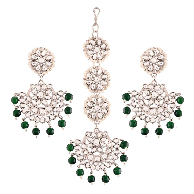 Drop Earrings for Engagement Party -Etnico18K Rhodium Plated with Stunning Matte Finish Traditional Kundan & Faux Pearl Chandbali Earrings with Maang Tikka Set (TE2911ZG)