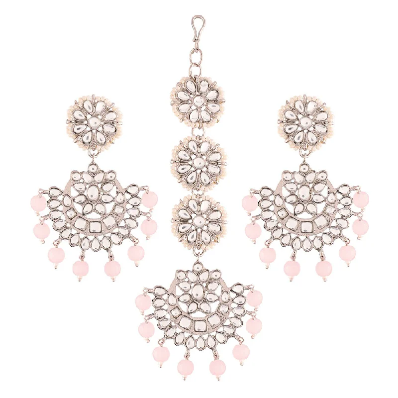 Drop Earrings with Debossed Designs -Etnico18K Rhodium Plated with Stunning Matte Finish Traditional Kundan & Faux Pearl Chandbali Earrings with Maang Tikka Set (TE2911ZPi)