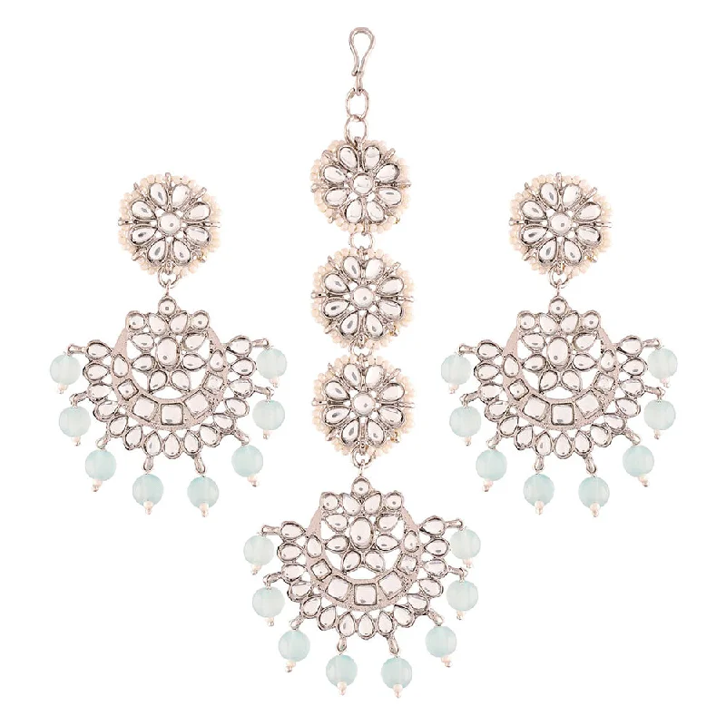 Drop Earrings with Embossed Patterns -Etnico18K Rhodium Plated with Stunning Matte Finish Traditional Kundan & Faux Pearl Chandbali Earrings with Maang Tikka Set (TE2911ZSB)