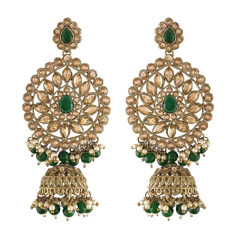 Drop Earrings for Valentine's Day -EtnicoWomen's Traditional Gold Plated with Stunning Antique Finish Kundan and Pearl Jhumka Earrings; Green (E2863G)