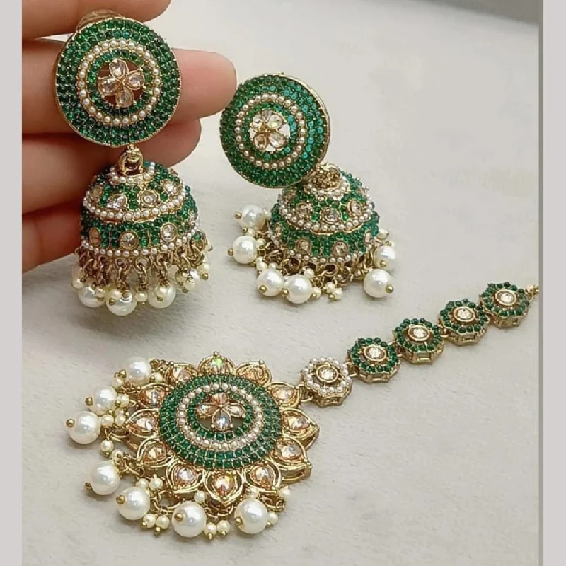 Geometric Drop Earrings for Trend -FS Collection Gold Plated Crystal Stone And Pearls Jhumki With Maangtikka